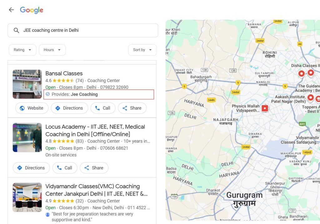 Google Map Screenshot Showing Services