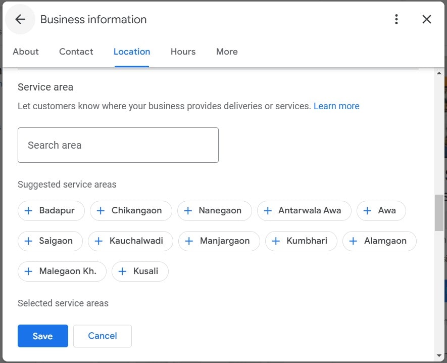 Service Area Selection in Google Business Listing