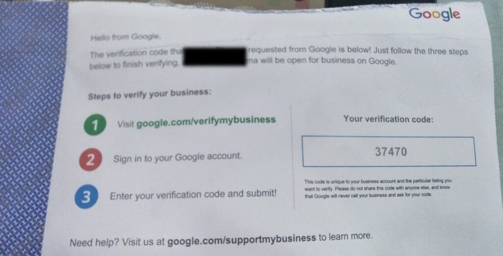 Google business listing verification postcard with PIN code